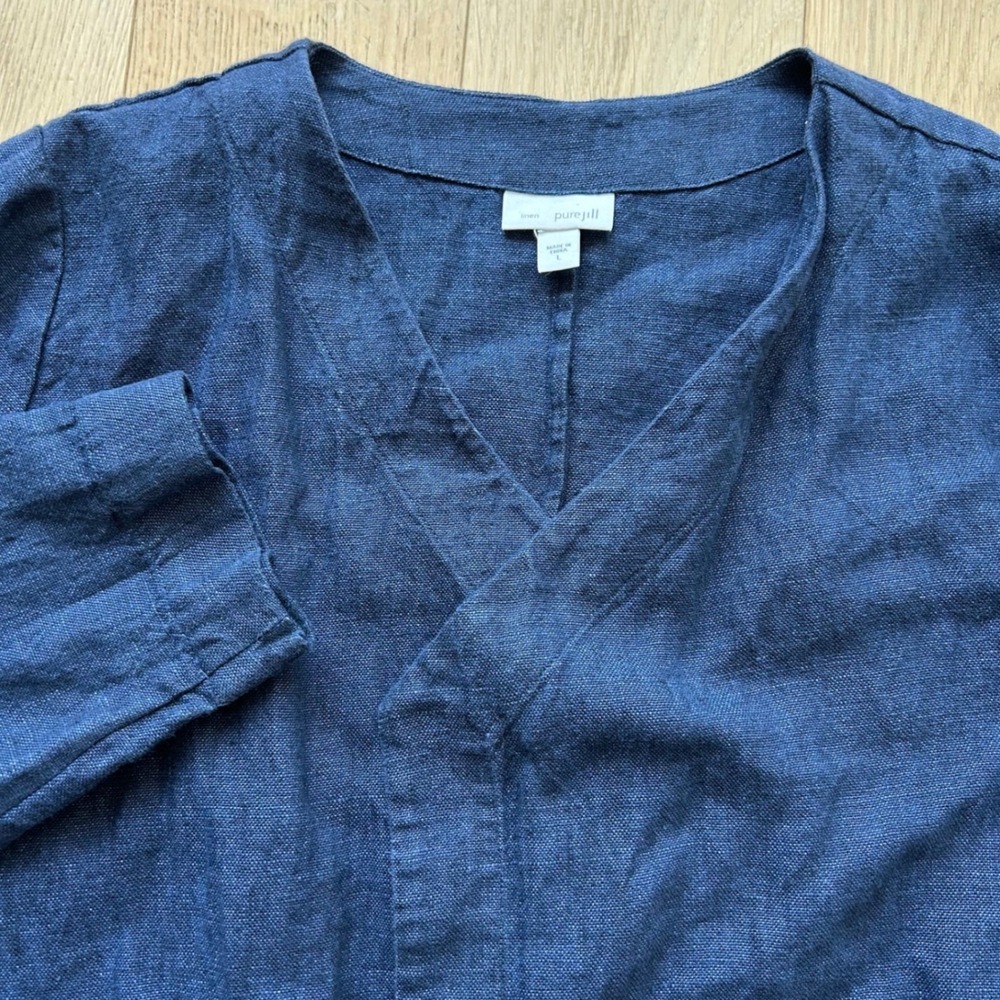 Pure Jill 100% Linen Kimono Open Cardigan Womens Large Blue L Pockets Boho Yoga - Picture 1 of 9